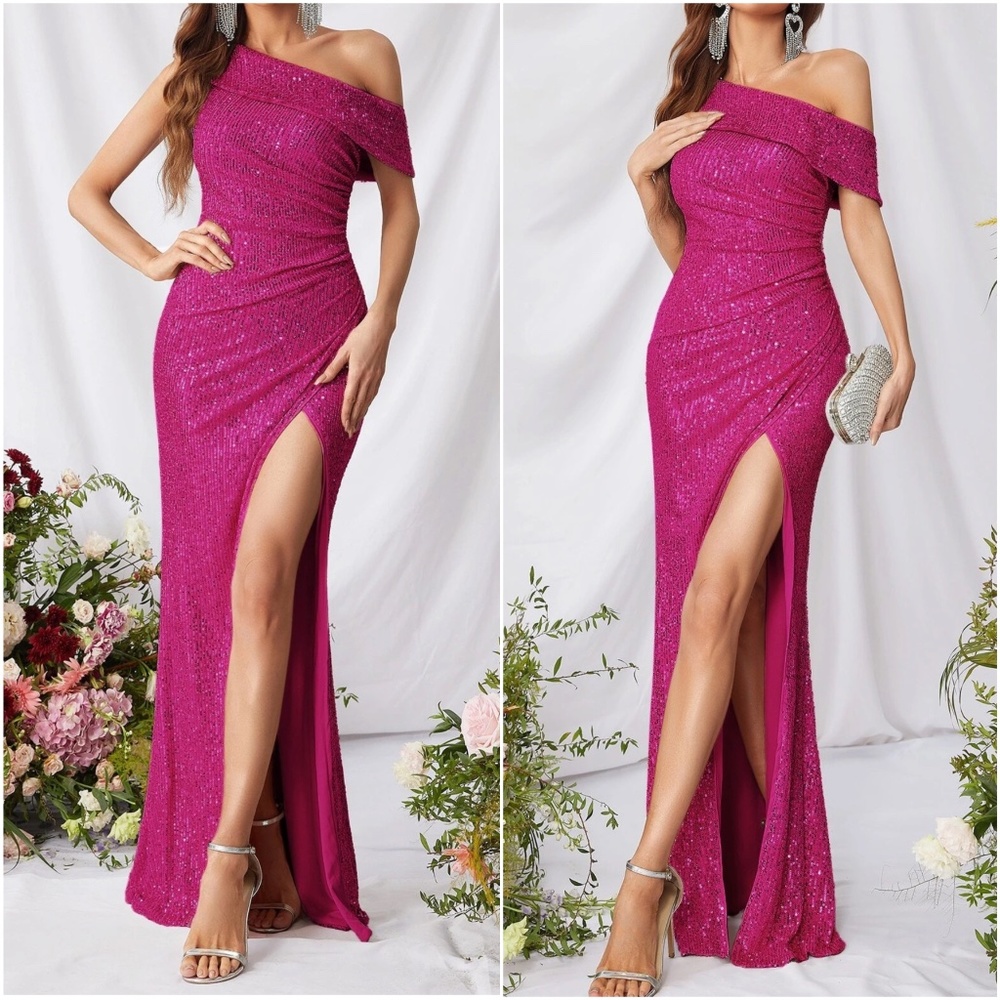 Luxe Dusty Pink One Shoulder slit thigh party formal Evening sequins dress - Picture 5 of 8